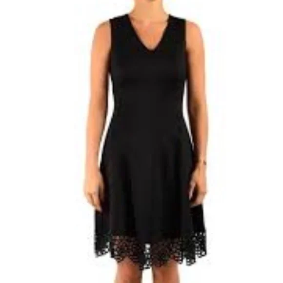 donna ricco fit and flare dress Donna Ricco Crew Neck Short Sleeve Crochet Trim Flare Dress